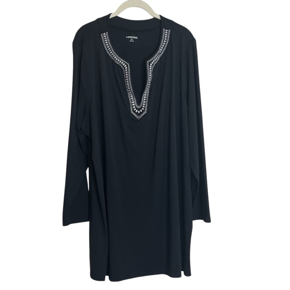 Lands End Womens Swim Cover Up Tunic Embroidered Long Sleeve 2X Black